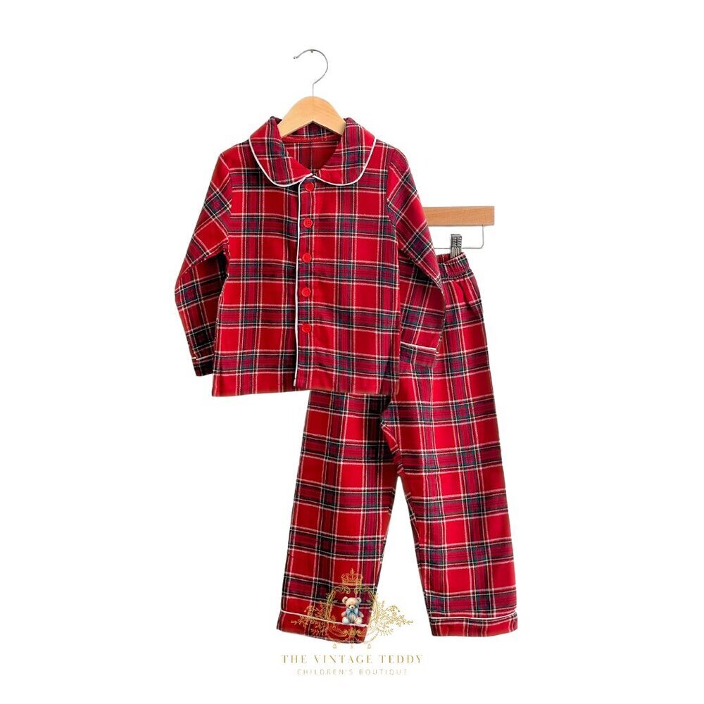 NWT Cute Boys Pajamas 2-Piece Christmas Pjs Kids Sleepwear Plaid Red Green 2-3T
